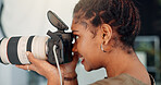 Photographer, woman or shooting with camera in studio, creativity or photoshoot for catalog production. Photography, filming or African director with equipment backstage, fashion magazine or smile