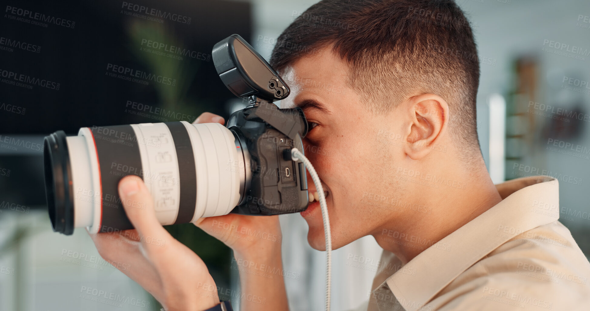 Buy stock photo Photographer, man or shooting with camera in studio, creativity or photoshoot for catalog production. Photography, filming or happy director with equipment backstage, fashion magazine or media agency