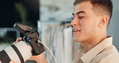 Buy stock photo Photographer, man and camera in studio with review, photoshoot and creativity for film production. Producer, person and check with equipment for photography, media project and advertising campaign.