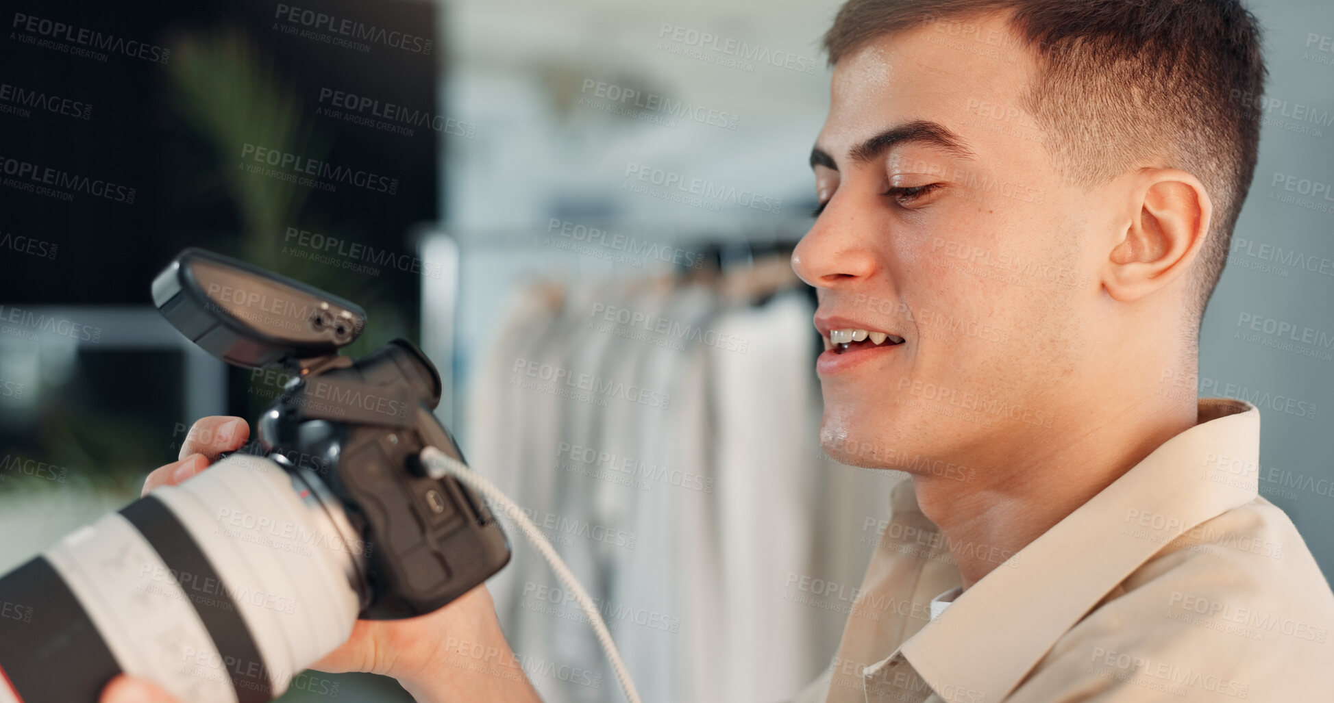 Buy stock photo Photographer, man and camera in studio with review, photoshoot and creativity for film production. Producer, person and check with equipment for photography, media project and advertising campaign.