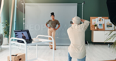 Buy stock photo BTS, media or production with model and photographer in studio for creative process or photoshoot. Camera, laptop screen or photography with man and woman behind the scenes for catalog campaign