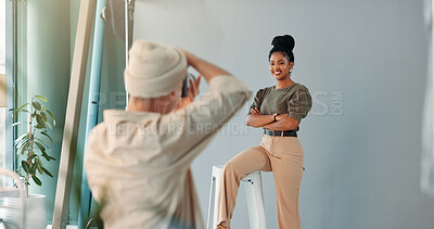 Buy stock photo Man, photographer or studio with camera for fashion, brand production or advertising photoshoot. Male person, photography or model with smile in stylish clothing for commercial business or marketing