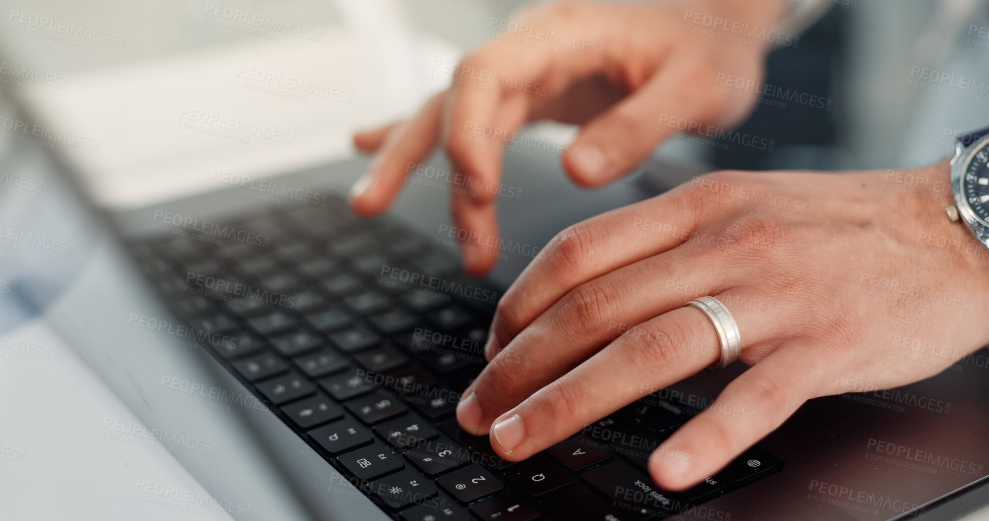 Buy stock photo Business, person and hands with laptop for email, communication or online story in office. Closeup, employee or writer with keyboard on computer for journalism, digital report or article in workplace