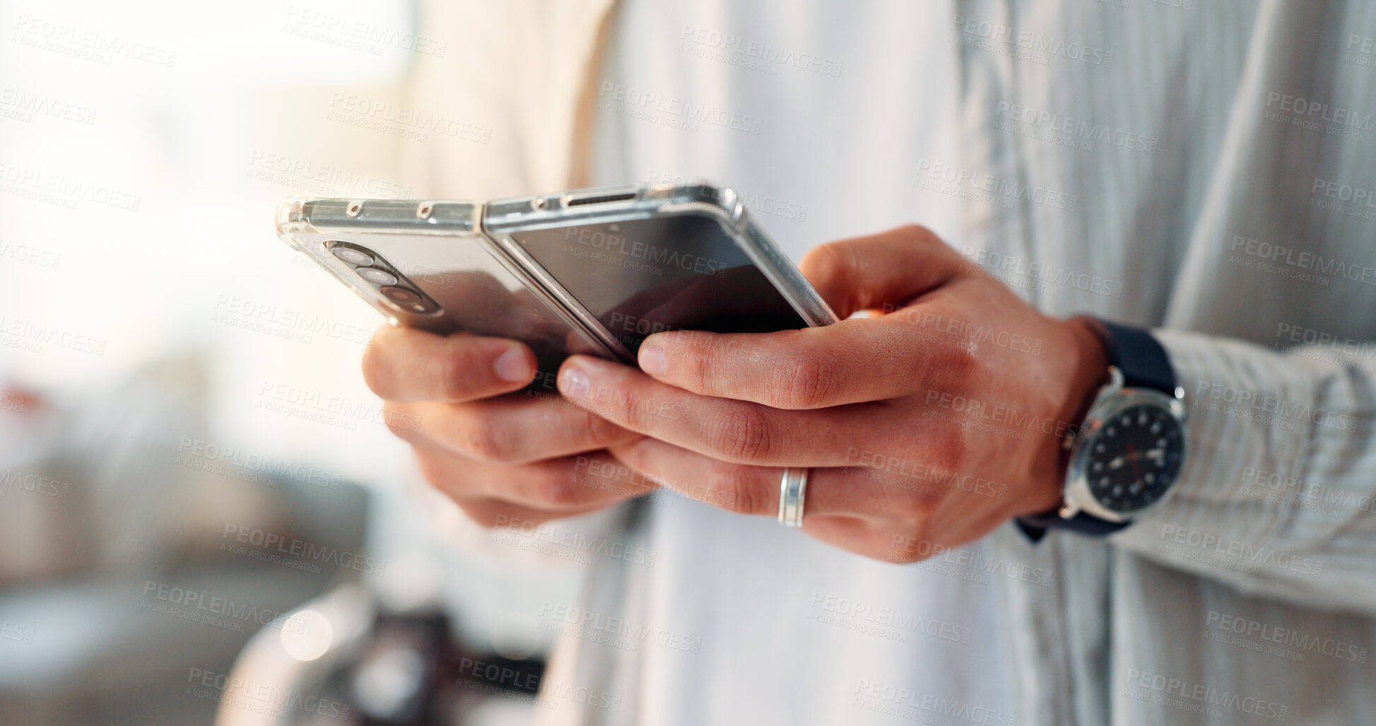 Buy stock photo Hands, typing or flip phone in office, writing email or update calendar schedule for project deadline. Mobile, internet search or person texting for chat response, message app or digital to do list