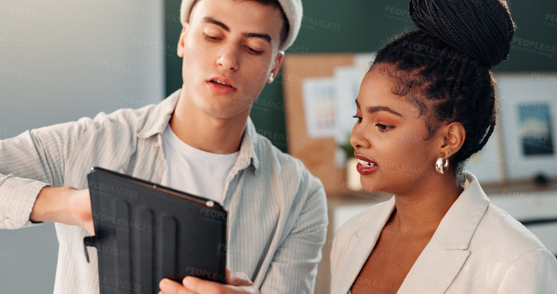 Buy stock photo Feedback, photography and teamwork with people in studio together for production planning or review. App, discussion or photoshoot with man and woman photographer on set for creative film or media