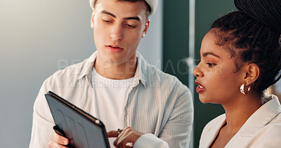 Buy stock photo Photography, pointing and tablet with people in studio together for feedback or production planning. App, photoshoot and question with photographer team on set for creative film or media review