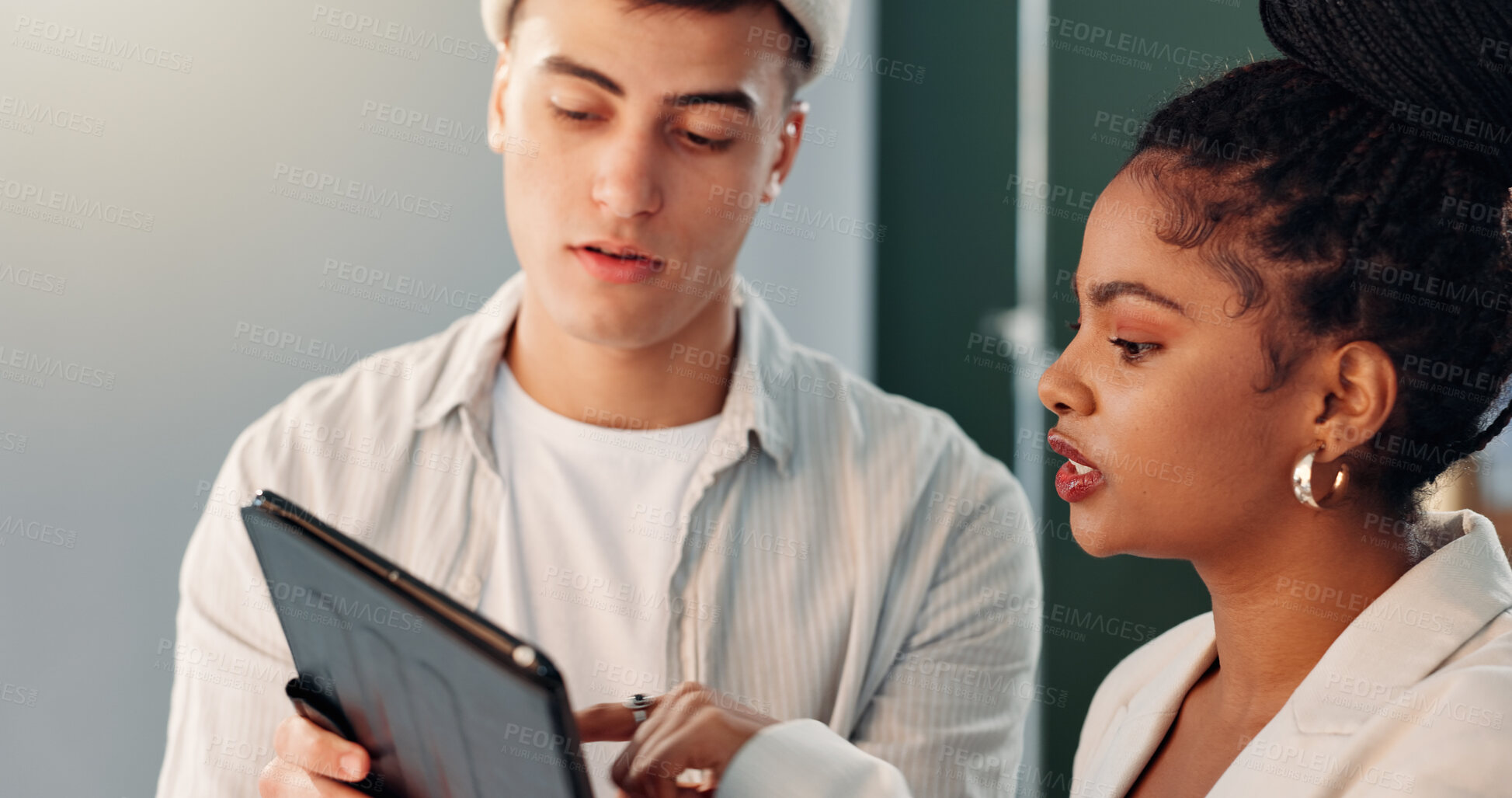 Buy stock photo Photography, pointing and tablet with people in studio together for feedback or production planning. App, photoshoot and question with photographer team on set for creative film or media review