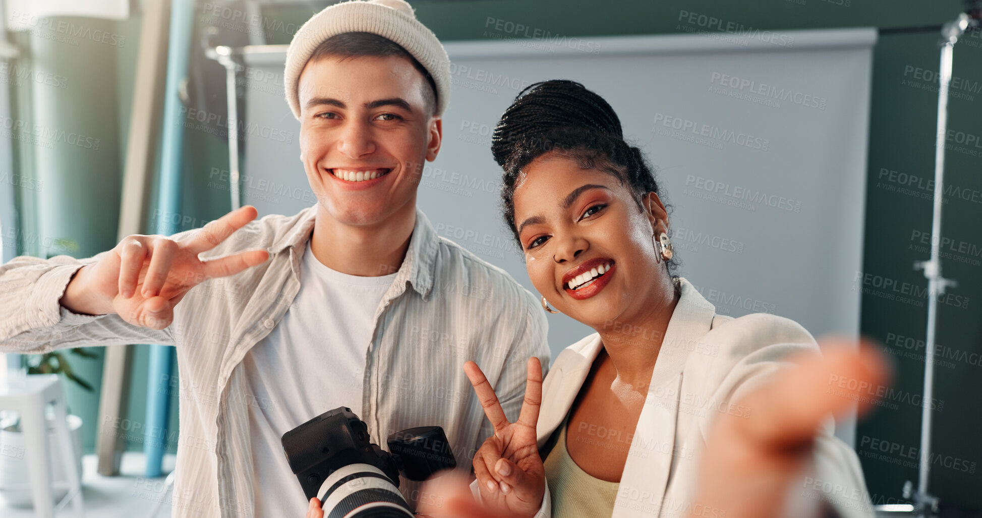 Buy stock photo Photographer, selfie and team with camera, studio or people in backstage, artist and post production. Portrait, man and woman with tech for photography, profile picture and happiness for photoshoot