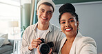 Photographer, selfie and people with camera, studio or team in backstage, artist and post production. Portrait, man and woman with tech for photography, profile picture and happiness for photoshoot