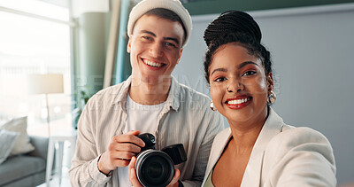 Buy stock photo Photographer, selfie and people with camera, studio or team in backstage, artist and post production. Portrait, man and woman with tech for photography, profile picture and happiness for photoshoot