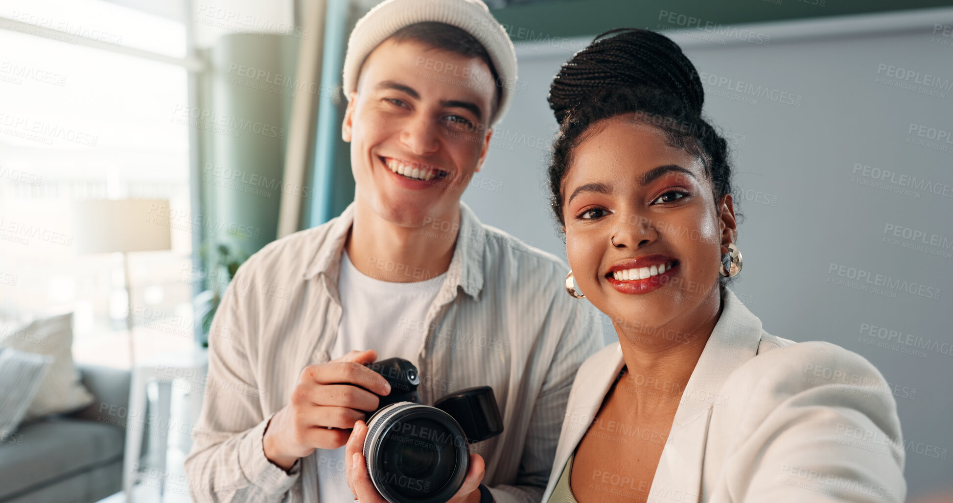 Buy stock photo Photographer, selfie and people with camera, studio or team in backstage, artist and post production. Portrait, man and woman with tech for photography, profile picture and happiness for photoshoot