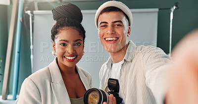 Buy stock photo Photographer, selfie and people with camera, creative or team in studio, artist and post production. Portrait, man and woman with tech for photography, profile picture and happiness for photoshoot