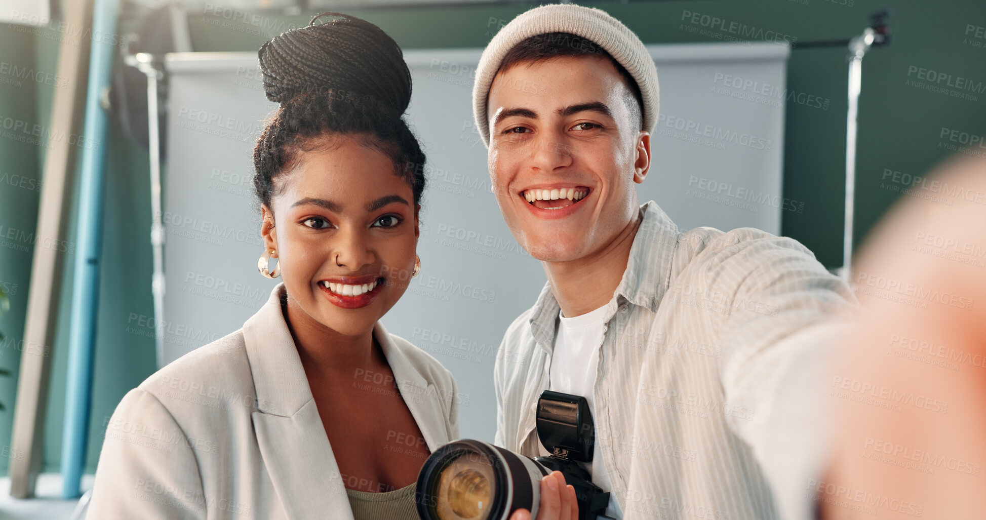 Buy stock photo Photographer, selfie and people with camera, creative or team in studio, artist and post production. Portrait, man and woman with tech for photography, profile picture and happiness for photoshoot