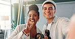 Photographer, selfie and people with camera, backstage or team in studio, artist and post production. Portrait, man and woman with tech for photography, profile picture and happiness for photoshoot
