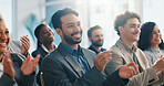 Conference, smile and applause with business people for celebration, thank you and well done. Clap, seminar and happy audience at workshop for achievement, excellence and success in corporate office