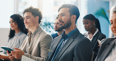 Buy stock photo Audience, businessman and listening to seminar with notebook for finance expo, learning or speech. Convention, crowd and male person with attention, knowledge and notes for wealth management training