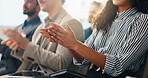 Conference, team and business people clap hands for celebration, congratulations or support. Applause, seminar and audience at workshop for achievement, excellence and success in corporate office