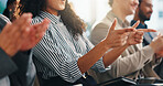 Hands, pointing and business people clap at conference for celebration, congratulations or goal. Applause, seminar and audience at workshop for achievement, excellence and success in corporate office