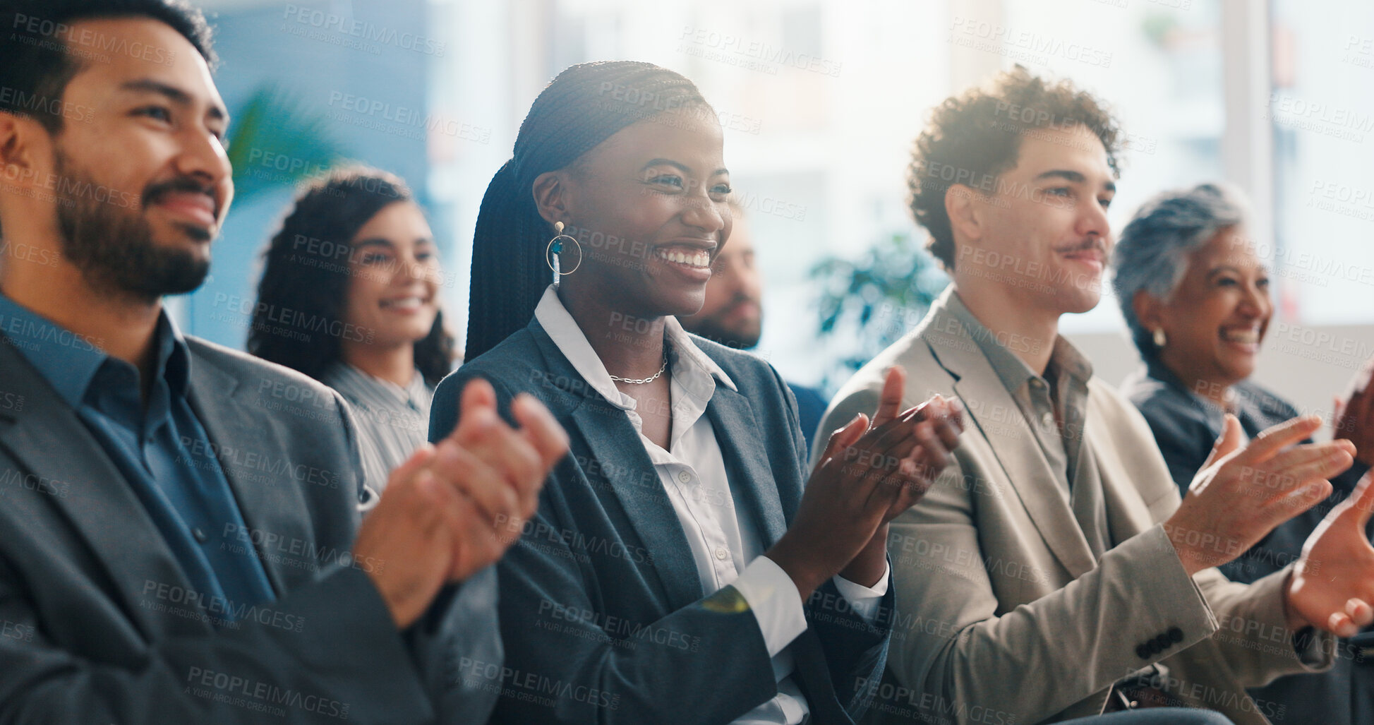 Buy stock photo Woman, audience and applause at business meeting with celebration, support and excited for announcement. People, corporate staff and happy for seminar, clapping hands or achievement at finance agency