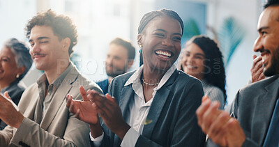 Buy stock photo Conference, smile and applause with team of business people, celebrate goal or excited. Clap, seminar and happy audience at workshop for achievement, excellence and success in corporate office
