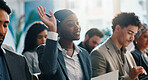Business, woman and raised hand for question in seminar for participation, answer speaker and attention. Female person, notebook and gesture with faq, tradeshow feedback and interaction at conference