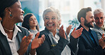 Seminar, laugh and applause with business people for celebration, congratulations or excited. Clap, convention or happy audience at workshop for achievement, success or funny joke in corporate office