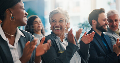 Buy stock photo Seminar, laugh and applause with business people for celebration, congratulations or excited. Clap, convention or happy audience at workshop for achievement, success or funny joke in corporate office