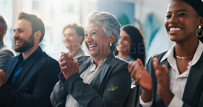 Buy stock photo Woman, crowd and applause at conference with celebration, support or excited for announcement at company. People, corporate staff and happy with goal, clapping hands and achievement at finance agency