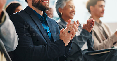 Buy stock photo Hands, audience and applause with business people at convention, congratulations or support. Clap, seminar and happy crowd at workshop for achievement, celebration or success in corporate office