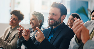 Buy stock photo Man, audience and applause at business seminar with gesture, support and excited for announcement. People, corporate staff and happy with team for motivation, point and achievement at finance agency