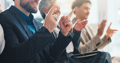 Buy stock photo Hands, audience and applause at business seminar with success, support and excited for celebration. People, corporate staff and happy with group, clapping and point for achievement at finance agency