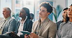Audience, businessman and listening to seminar with tablet for finance expo, learning and upskill. Attention, crowd and male person with digital notes at convention for wealth management and training