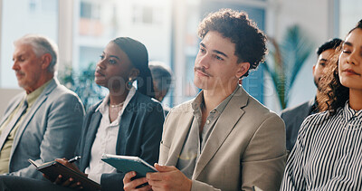 Buy stock photo Audience, businessman and listening to seminar with tablet for finance expo, learning and upskill. Attention, crowd and male person with digital notes at convention for wealth management and training