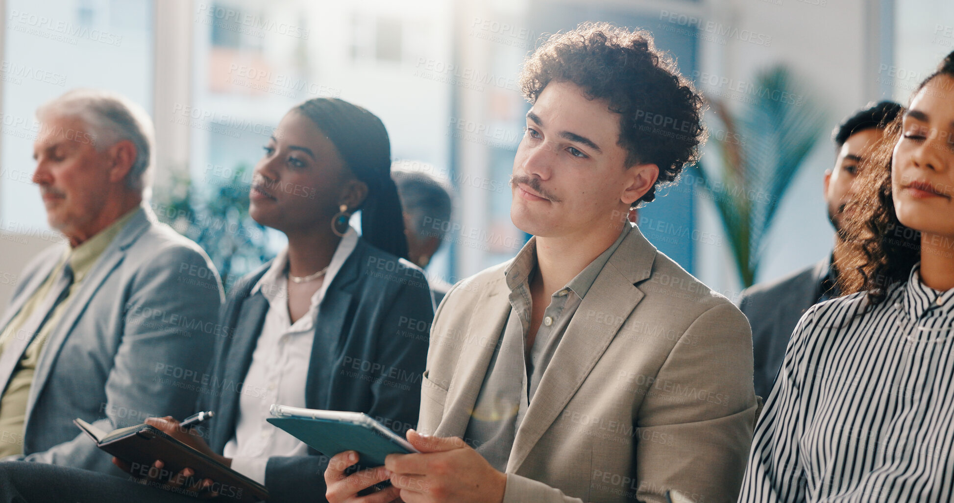 Buy stock photo Audience, businessman and listening to seminar with tablet for finance expo, learning and upskill. Attention, crowd and male person with digital notes at convention for wealth management and training