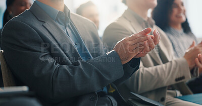 Buy stock photo Hands, audience and applause with business people at seminar, congratulations and support. Clap, convention and  crowd at conference for achievement, corporate celebration and success with team