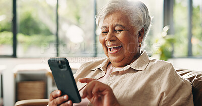 Buy stock photo Phone, laughing and scrolling with old woman on sofa in home for retirement or social media. App, funny and relax with happy senior person in living room of apartment for browsing or communication