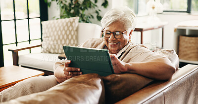 Buy stock photo Laughing, scrolling and tablet with old woman on sofa in home for retirement or social media. App, break and funny with happy senior person in living room of apartment for browsing or connection