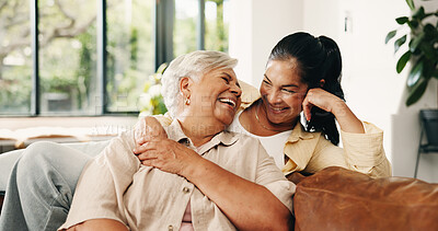 Buy stock photo Senior, happy mom and woman with laugh on sofa for funny joke, humor and comedy together in home. Elderly, mother and adult daughter with comfort for bonding, love and family support in house
