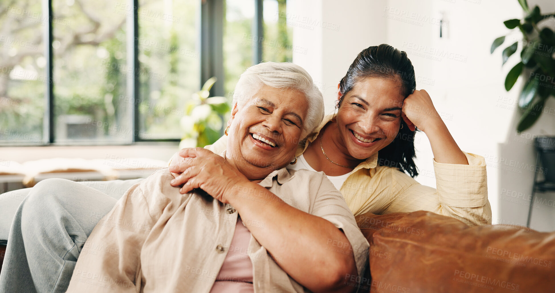 Buy stock photo Portrait, senior mother and woman in home with smile, love or laugh together in living room. Sofa, elderly mom and adult daughter with happy family, funny or holding hands for connection with embrace