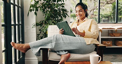 Buy stock photo Reading, sofa or woman with smile in home, online word game or brain training teaser on platform. Chill, digital coloring app or mature person with tech for relaxation, memory puzzle or connect