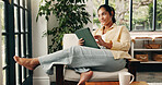 Social media, thinking or woman with tablet on sofa, post caption or message response for networking. Happy reflection, comment idea or mature person with tech for communication, plan answer or home