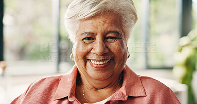 Buy stock photo Wellness, portrait and senior woman in house with pride, positive attitude or chill on weekend break. Confidence, smile or elderly person in home with satisfaction, relax or free time in retirement.