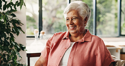 Buy stock photo Happy, thinking and old woman in home with wellness, good memories and contemplation for retirement. Elderly person, smile and relax in living room with reflection, nostalgia and daydream about past.