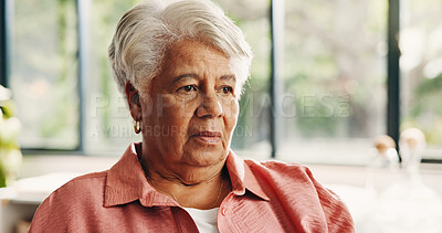 Buy stock photo Thinking, sad and old woman in home with choice, problem solving and mistake in bad decision. Confused mindset, bokeh or senior person in living room with doubt, questioning or regret in past memory.