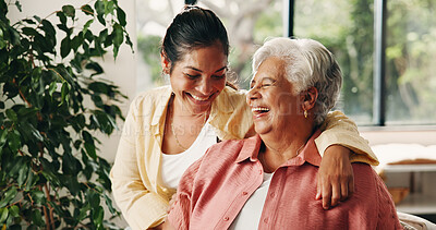 Buy stock photo Laugh, senior mom and woman in home with smile, love or hug together in living room. Funny, elderly mama and adult daughter with happy family, connection and embrace with parent on mothers day