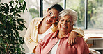 Portrait, senior mother and hug woman in home with smile, love or bonding together in living room. Embrace, elderly mom and adult daughter with happy family, care and connection on mothersday