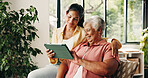 Tablet, elderly mother or daughter on couch, digital photo album or view nostalgic image for bonding. Smile, social media memory or women with tech to watch family movie, browsing or support in home