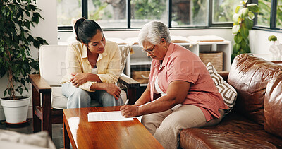 Buy stock photo Documents, help or signature with woman and senior parent on sofa in home for insurance or will. Approval, family or paperwork with adult daughter and old mother in apartment for retirement planning