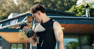 Buy stock photo Bodybuilder, man and outdoor with dumbbells for fitness, muscle development and health. Morning, training and athlete person with weights for exercise by home for endurance, challenge and workout