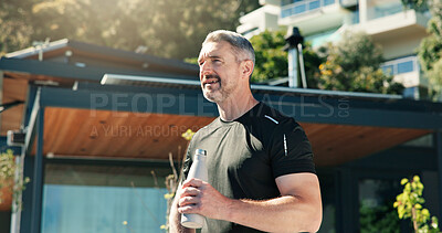Buy stock photo Fitness, thinking and water with man outdoor for cardio, sports or training routine as runner. Drink, exercise and vision with mature person in neighborhood for recovery, rest or workout activity